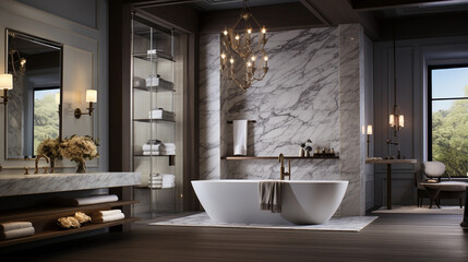 Fototapeta na wymiar A luxurious spa-style bathroom with a freestanding bathtub, rain shower, and marble accents
