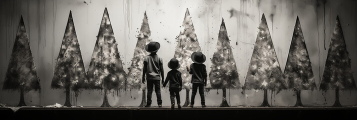 Kids looking at a Christmas tree art display - holiday spirit - festive dress - back and white 