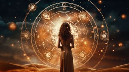 Fantasy art portrait of young day dreaming woman with head in galaxy outer space clouds. Concept of dreams or imagination