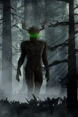 A leshy, leshii, or lesovik is a mythical creature from Slavic folklore, a forest spirit, often depicted as a tall man who resembles a tree.The leshy is said to lead travelers astray. 3d rendering - obrazy, fototapety, plakaty
