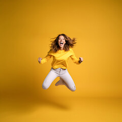 Fototapeta na wymiar Young woman jumping for joy on a yellow background in a studio