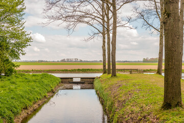 Small wooden weir in a Dutch polder. In the background is a still bare field. The photo was taken in the province of North Brabant on a cloudy day at the beginning of the spring season.