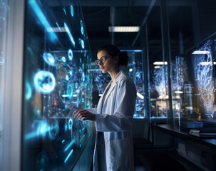 Female doctor in white coat observing a hologram. Emdicine concept and innovation