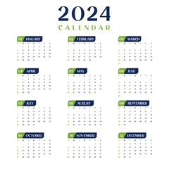 Elegant 2024 wall calendar green and dark blue template a full-page design vector