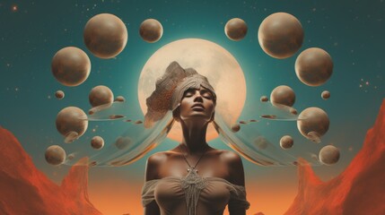 Surreal art concept on the topic: Astrology and natal chart calculations. Woman with planets, esoteric mystical abstract magic. - obrazy, fototapety, plakaty