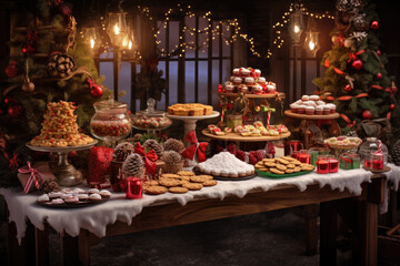 Obraz premium Thanksgiving Food and Dessert for party invitation, Christmas party celebration with dinner meal on table, Happy new year and Xmas scene, wooden table full of food and treats.