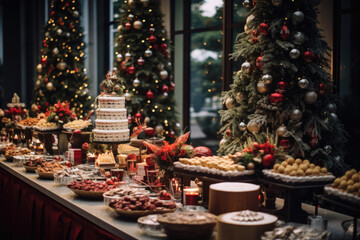 Fototapeta na wymiar Thanksgiving Food and Dessert for party invitation, Christmas party celebration with dinner meal on table, Happy new year and Xmas scene, wooden table full of food and treats.