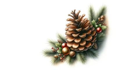 Watercolor depiction of a pinecone with subtle holiday decorations on the left, space for festive messages on the right.