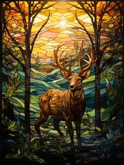 Stain glass window design that shows a buck with a forest.