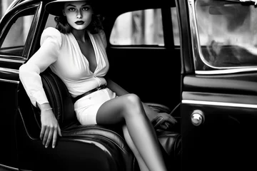 Papier Peint photo Voitures anciennes black and white photo of attractive female with vintage car 60's 70's style
