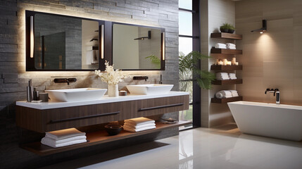 A contemporary bathroom with a floating vanity, vessel sinks, and backlit mirrors