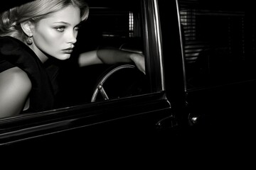 black and white photo of attractive female with vintage car 60's 70's style - Powered by Adobe