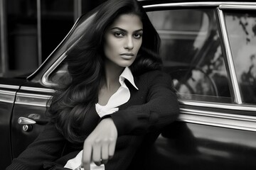 black and white photo of attractive female with vintage car 60's 70's style