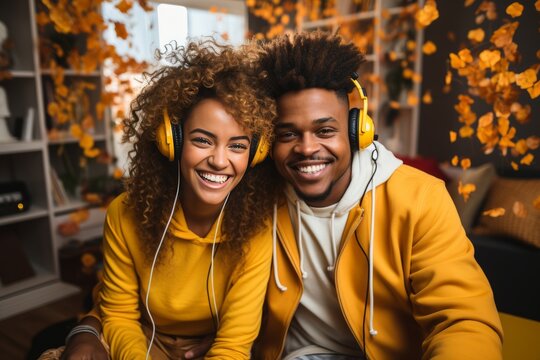 Cheerful African American couple in yellow jackets with headphones enjoying favorite playlist in cozy room. Happy smiling young people listening to music in app, having fun, moving emotionally.
