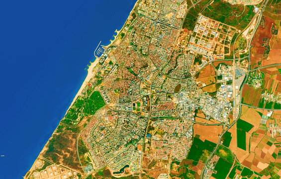 Gaza, Palestine - Map of the Gaza Strip, satellite view, top view, border recolored, Close up, edited