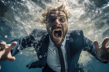 Scared businessman in a suit swimming underwater and looking at camera. Crisis concept, ai generative
