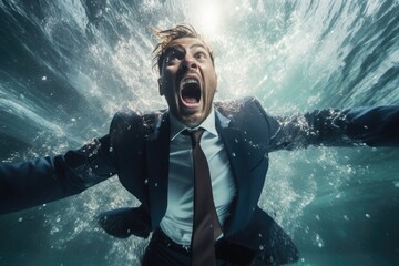 Scared businessman in a suit swimming underwater and looking at camera. Crisis concept, ai generative
