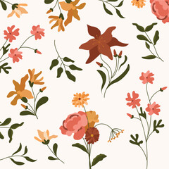 Collection of vector pattern designs, floral arrangements, maroon green leaves and floral illustrations