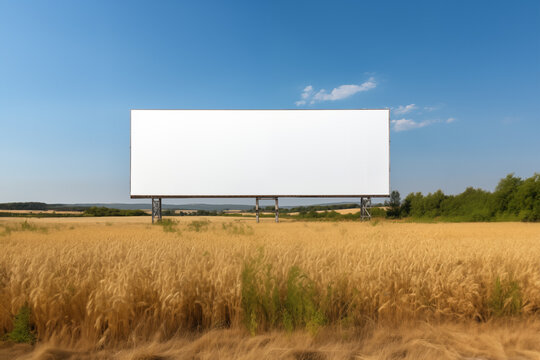 View from the side of white blank billboard mockup in the middle of barley rice field and sunny day, white blank billboard mockup