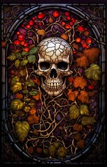 Stain glass window with a skull design.
