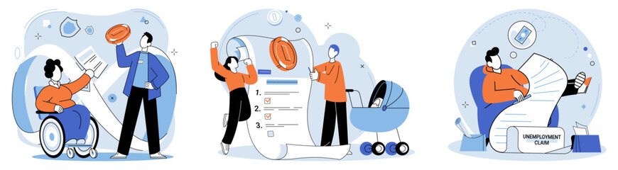 Social insurance. Vector illustration. Assurance protection gives individuals confidence in their financial security Supportive communities provide assistance to those in need Saving money is wise