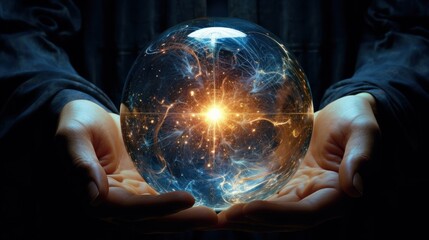 Magic crystal ball in the hands witch fortune teller, the theme of mysticism, occult and paranormal