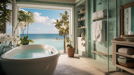 A bathroom with a coastal theme, featuring aqua-blue tiles, seashell decor, and a beachfront view