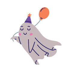 Cute Ghost Character Flying in Hat with Balloon Vector Illustration