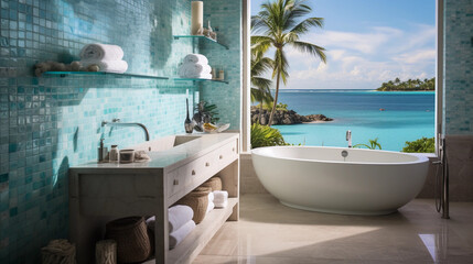 A bathroom with a coastal theme, featuring aqua-blue tiles, seashell decor, and a beachfront view