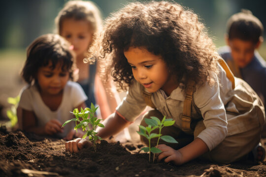 Beautiful little African American girl bends over tiny green sprout in the garden. Adorable child plants a plant in the ground. Fostering a love of nature and concern for environment from childhood.
