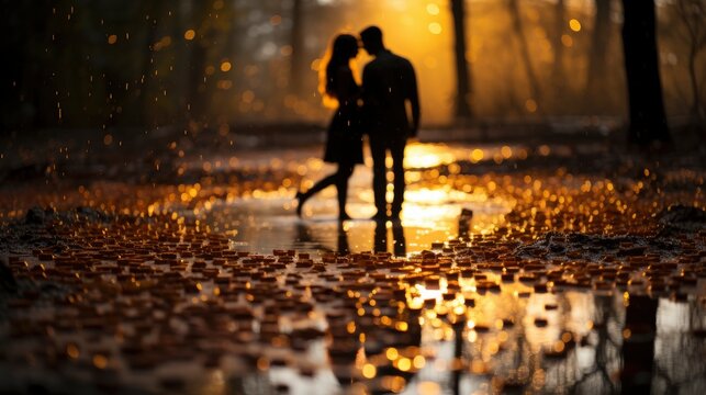 A Couples Reflections In A Puddle Rainy Day, Background Images, Hd Illustrations