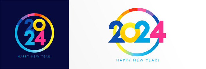 2024 Happy New Year colorful round logo, typography design concept. Vector illustration for business planner or calendar template