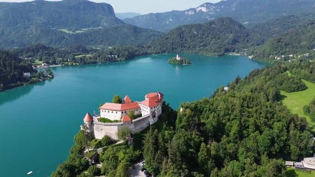drone video Bled Lake, Blejsko jezero slovenia europe 