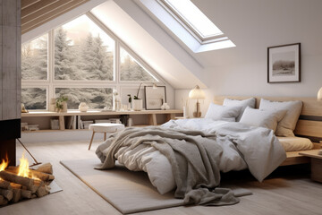 Fototapeta na wymiar Interior of the cute small attic bedroom with cozy minimal mix scandinavian style.