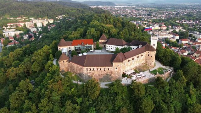 drone video Ljubljana castle, Ljubljanski grad Slovenia europe	