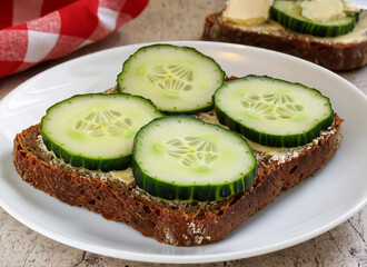 thin slices of cucumber and radishes on a whole wheat bread with butter served at a table