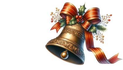 Watercolor illustration showcasing a detailed Christmas bell with a festive ribbon, positioned on the left, providing a generous area on the right for personalized greetings or inscriptions.