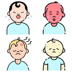 Icon set sick kid belch retch fever temperature abscess bubonic head Injury
