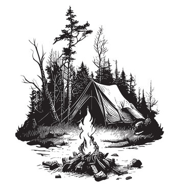 recommend clip art: Tent in the forest, campfire sketch hand drawn Camping llustration