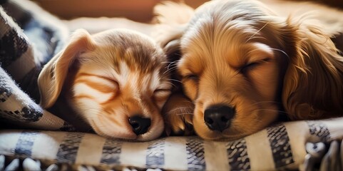 Two cute puppies sleeping in a basket on the bed, Generative AI illustrations.