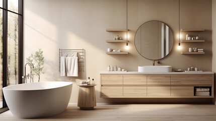 Modern minimalistic bathroom with wood accents 