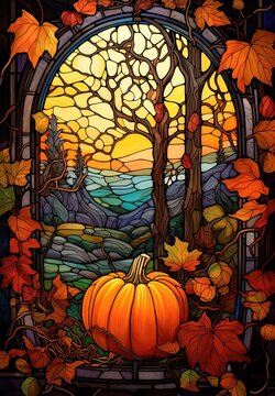 Stain glass window with an autumn design featuring a pumpkin and autumn leaves.