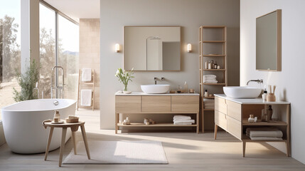 Modern minimalistic bathroom with wood accents 