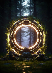 magical glowing portal in the middle of a dense forest, generative ai 