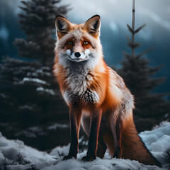 Obraz premium Fuchs im Winter umgeben von Tannen und Bergen