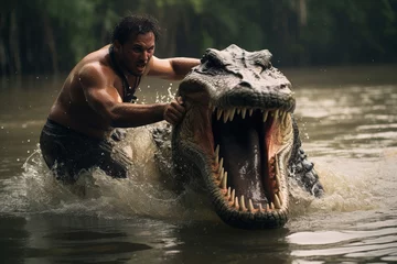 Fototapeten man fights with crocodile, generative ai  © vvalentine