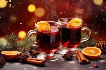 A Festive Pairing: Spiced Tea Served in Mugs with Citrusy Twists Created With Generative AI Technology