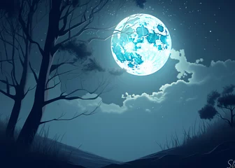 Afwasbaar Fotobehang Volle maan en bomen mond & nacht