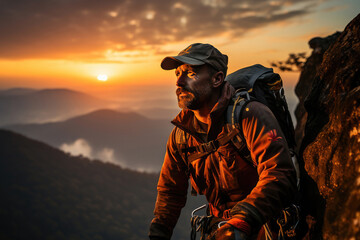 A contemplative hiker takes a moment to admire the breathtaking sunset over rolling mountainous terrain.