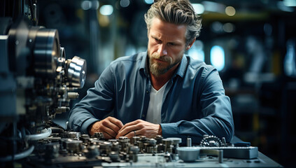 Engineer working on the mechanism of a machine in the workshop.